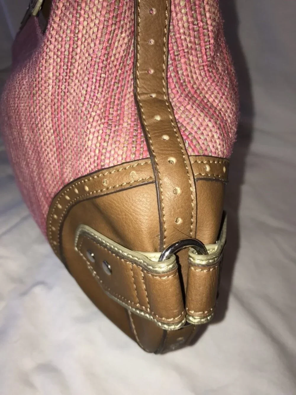 Stone Mountain Bay shore Fuchsia Cloth Tan Leather Trim Hobo Bag